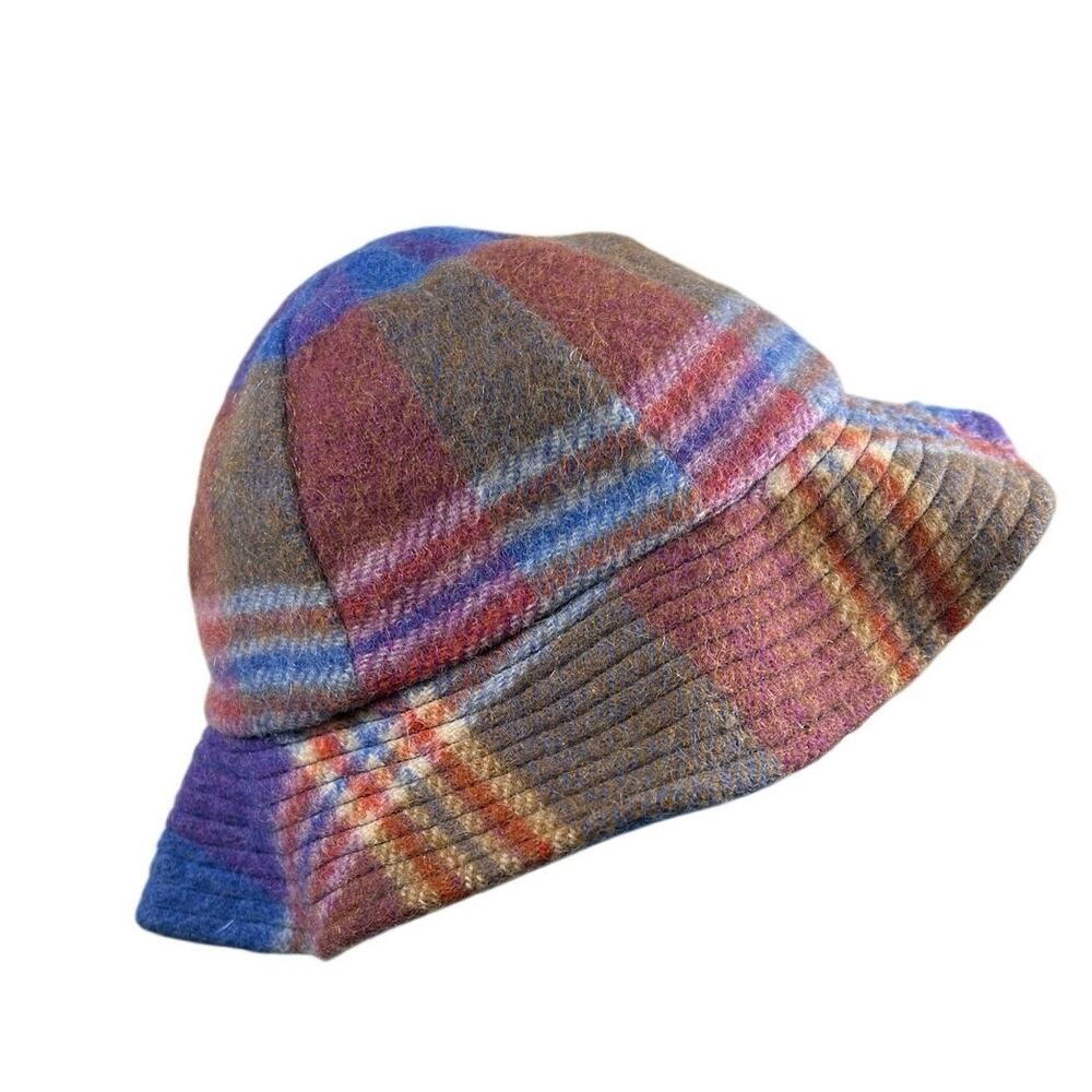 Plaid checkered Bucket Hat- fuzzy- red blue purple brown - winter cozy warm OSFM